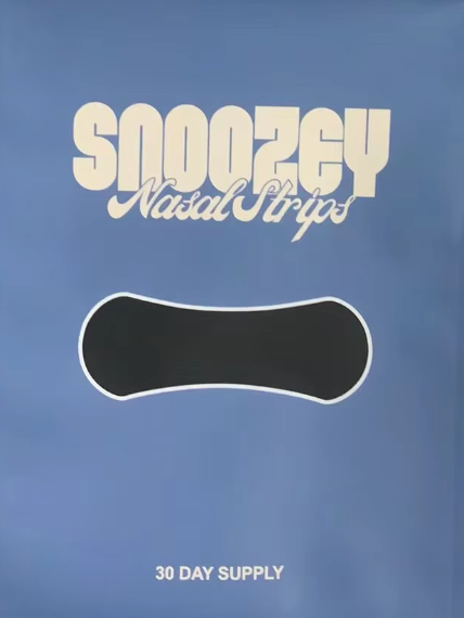 Blue package with 'Snoozzy Nasal Strips' text and a black strip illustration on a blue background.